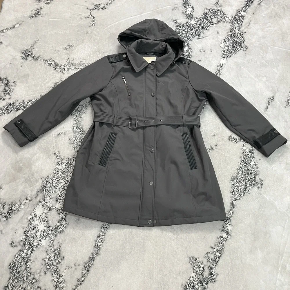 Michael Michael Kors Hooded Belted Trench Coat Gray Women's XL Water Resistant